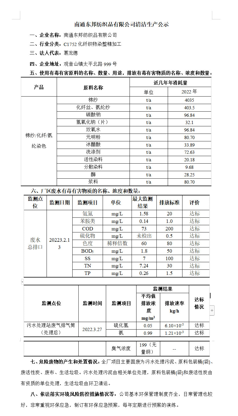 南通豐品紡織品有限公司清潔生産公示